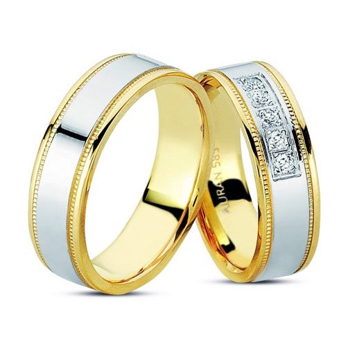 Luksuriøse Nuran vielsesringe i 14 kt guld og hvidguld med 5 diamanter fra Smykkecenter – 6 mm blanke ringe.